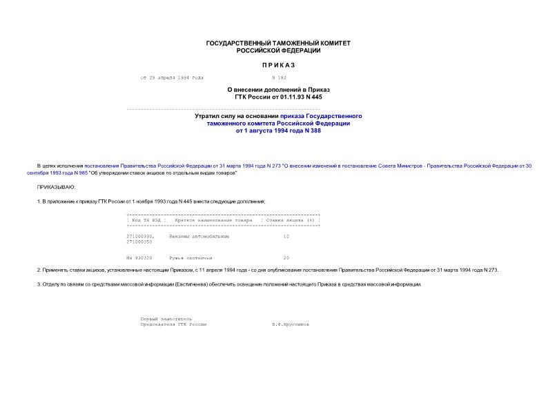Приказ 182 О внесении дополнений в Приказ ГТК России от 1 ноября 1993 года N 445 