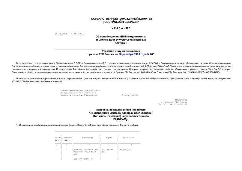 Указание 01-12/221 Об освобождении ВНИИ гидротехники и мелиорации от уплаты таможенных платежей