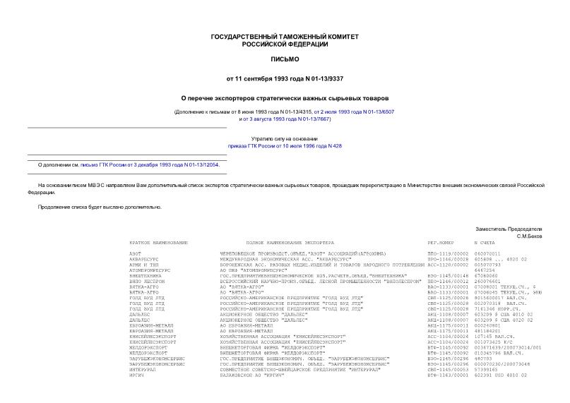 Письмо 01-13/9337 О перечне экспортеров стратегически важных сырьевых товаров