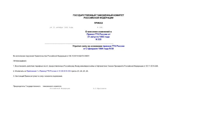 Приказ 396 О внесении изменений в Приказ ГТК России от 31 августа 1993 года N 335