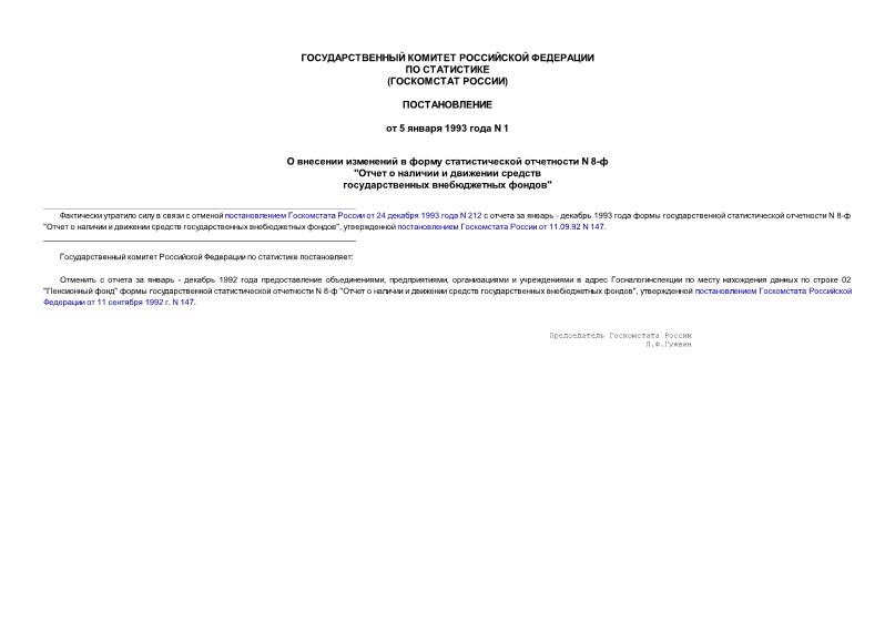 Постановление 1 О внесении изменений в форму статистической отчетности N 8-ф 