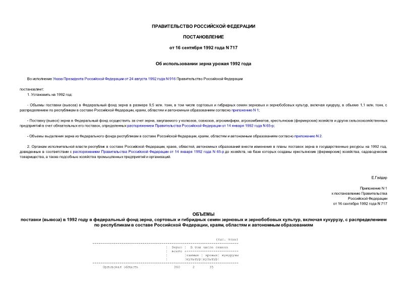 Постановление 717 Об использовании зерна урожая 1992 года