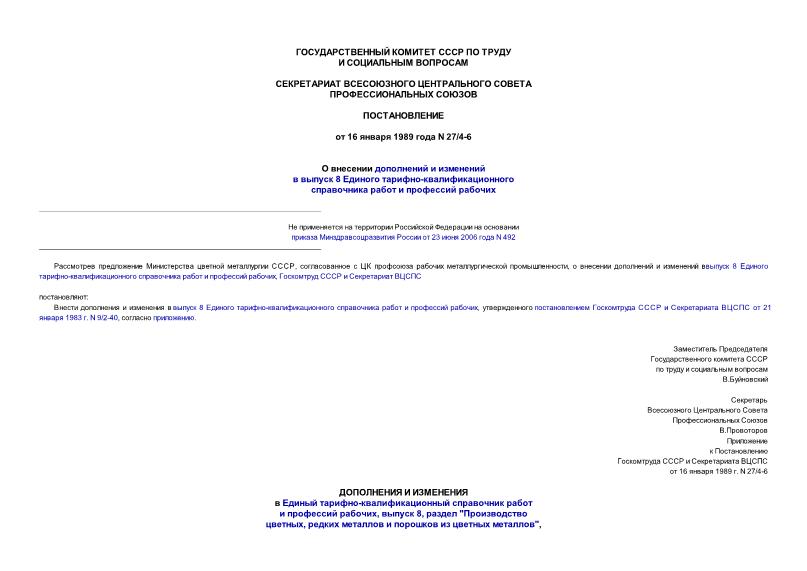 Постановление 27/4-6 О внесении дополнений и изменений в выпуск 8 Единого тарифно-квалификационного справочника работ и профессий рабочих