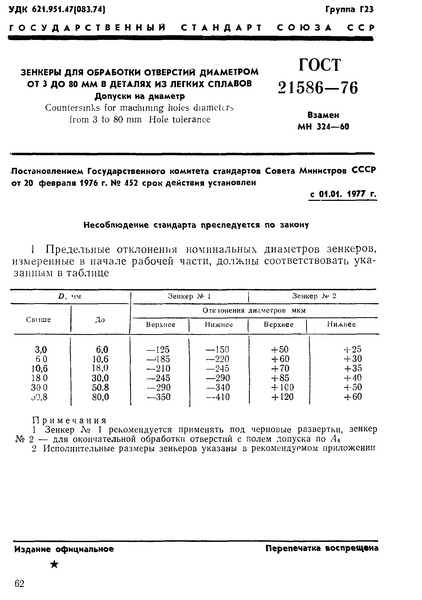 ГОСТ 21586-76 Зенкеры для обработки отверстий диаметром от 3 до 80 мм в деталях из легких сплавов. Допуски на диаметр