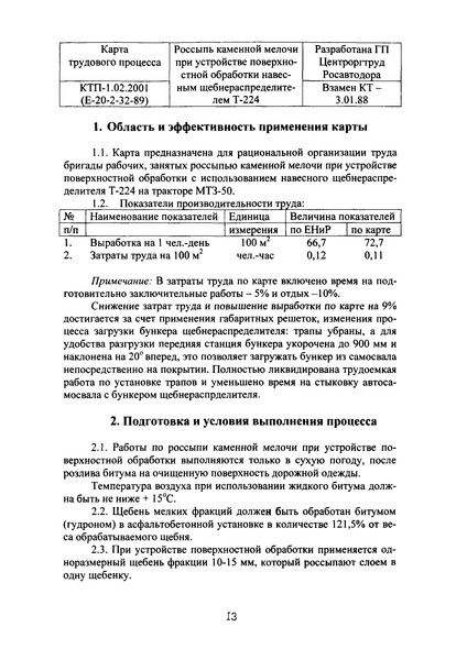 КТП 1.02.2001 Россыпь каменной мелочи при устройстве поверхностной обработки навесным щебнераспределителем Т-224