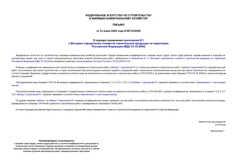 Письмо АП-3230/06 О порядке применения Приложения № 1 к Методике определения стоимости строительной продукции на территории Российской Федерации (МДС 81-35.2004)