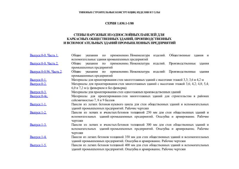 Серия 1.030.1-1/88 Стены наружные из однослойных панелей для каркасных общественных зданий, производственных и вспомогательных зданий промышленных предприятий