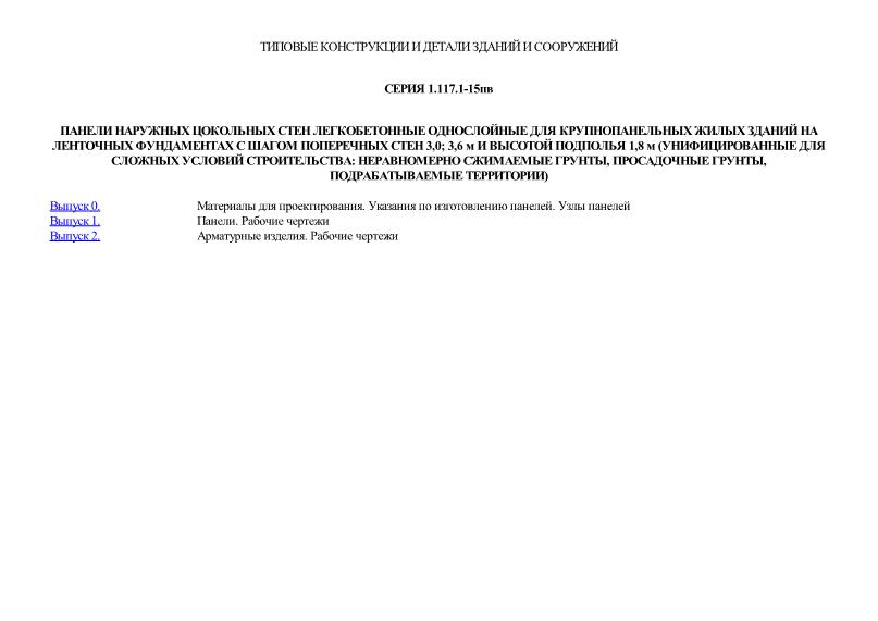 Серия 1.117.1-15пв Панели наружных цокольных стен легкобетонные однослойные для крупнопанельных жилых зданий на ленточных фундаментах с шагом поперечных стен 3,0; 3,6 м и высотой подполья 1,8 м (унифицированные для сложных условий строительства: неравномерно сжимаемые грунты, просадочные грунты, подрабатываемые территории)