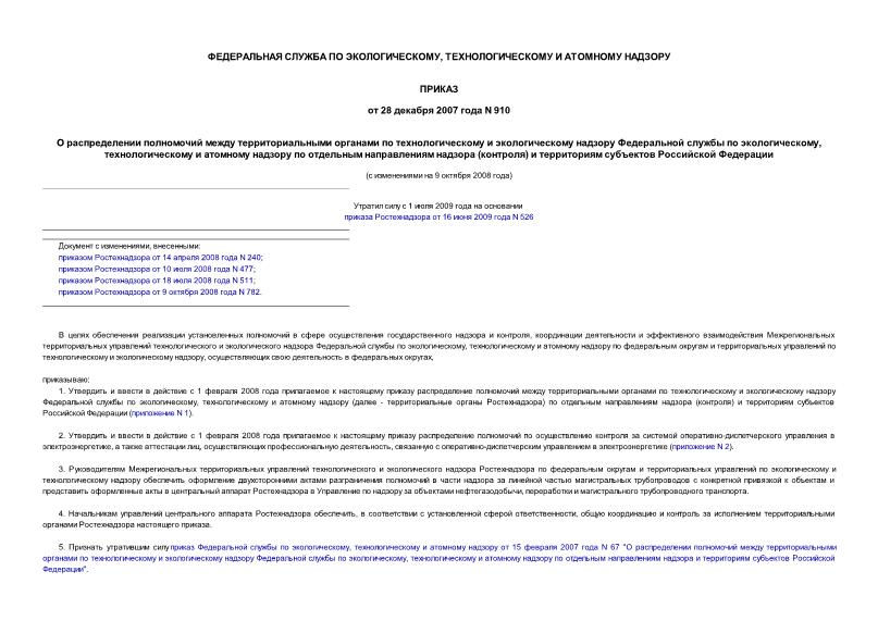 Приказ 910 О распределении полномочий между территориальными органами по технологическому и экологическому надзору Федеральной службы по экологическому, технологическому и атомному надзору по отдельным направлениям надзора (контроля) и территориям субъектов Российской Федерации