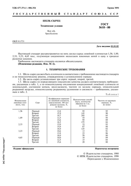 ГОСТ 5618-80 Шелк-сырец. Технические условия