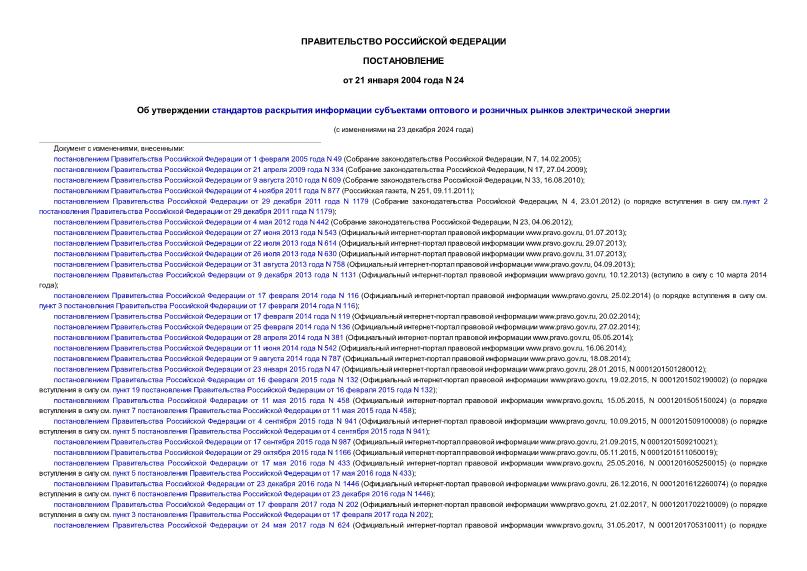 Постановление 24 Об утверждении стандартов раскрытия информации субъектами оптового и розничных рынков электрической энергии